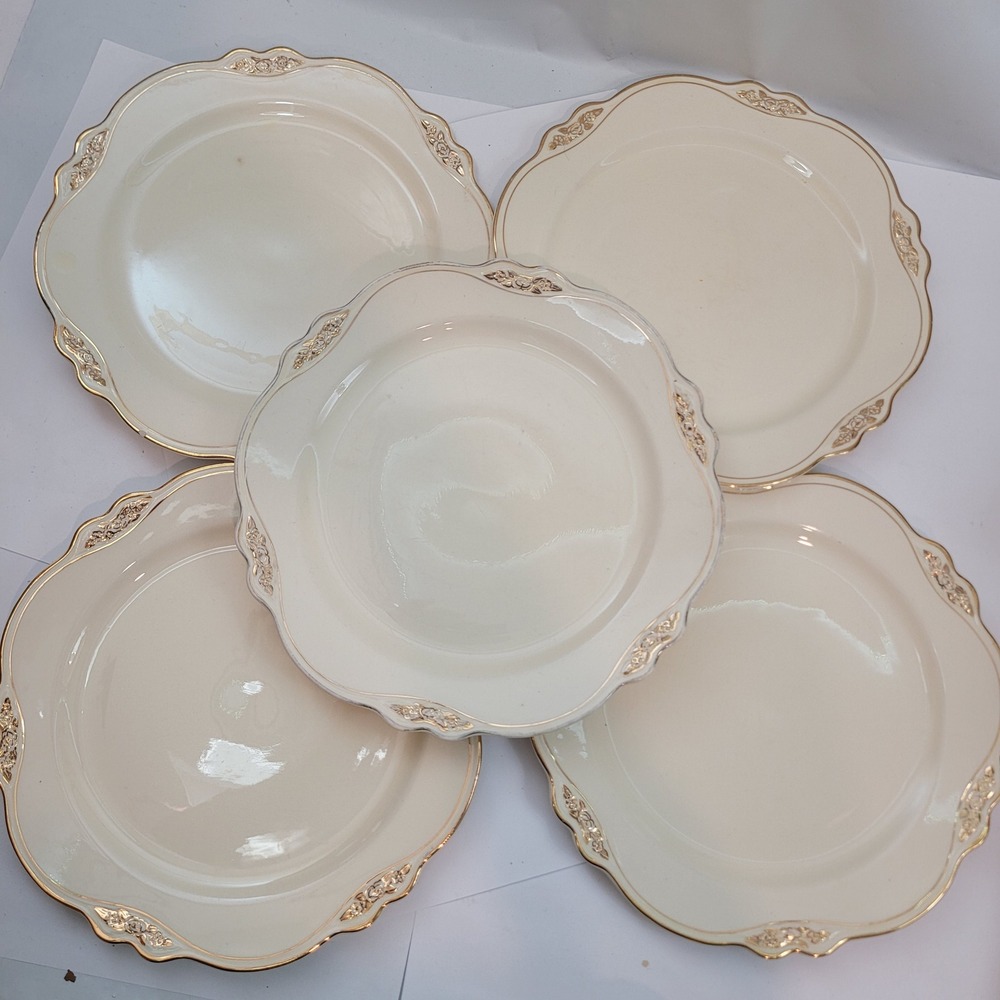 Homer Laughlin Dinner Plates Set of 5 Virginia Rose Cream Gold Scalloped 9.25in